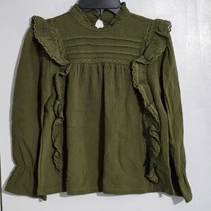 Chelsea&Violet  Green Long Sleeves Cotton Ruffle Top With Lace Detailing Size M